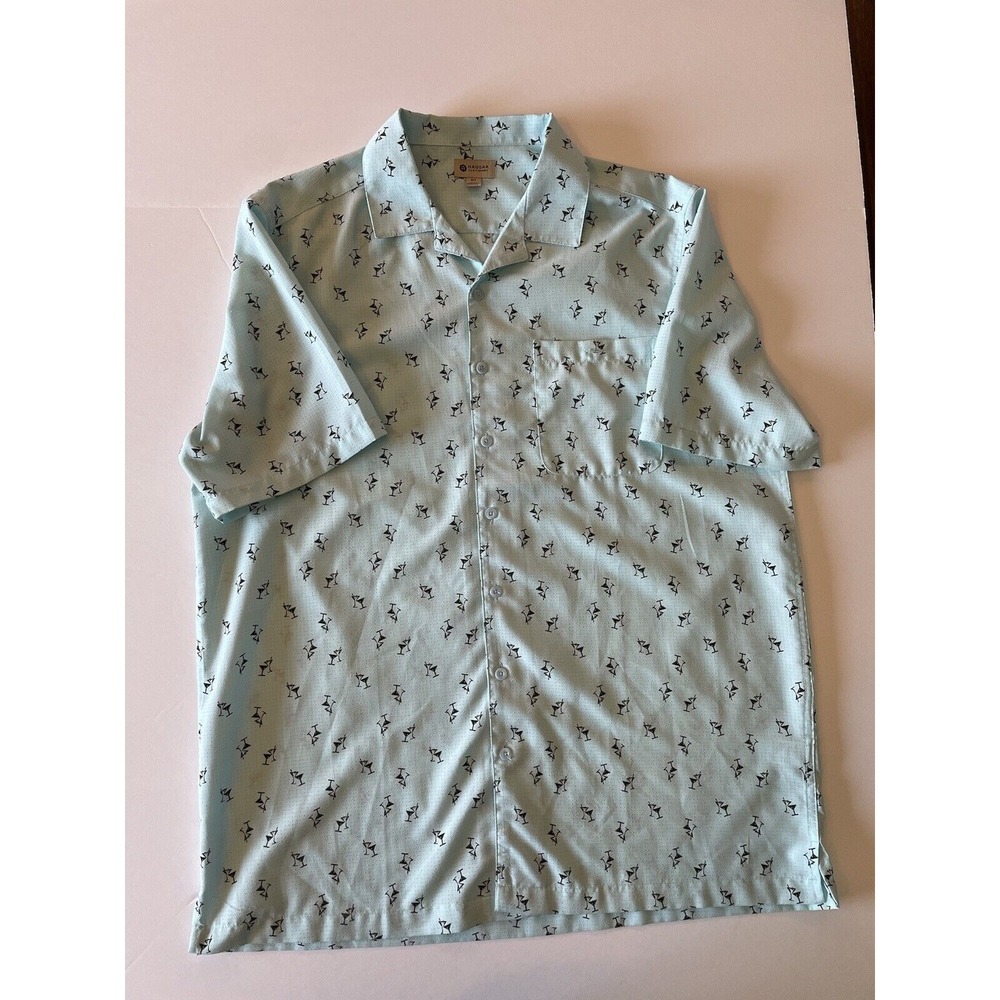 Haggar Martini Cocktail Beach Cabana Button Up Aqua Blue Short Sleeve Shirt‎ XLT
